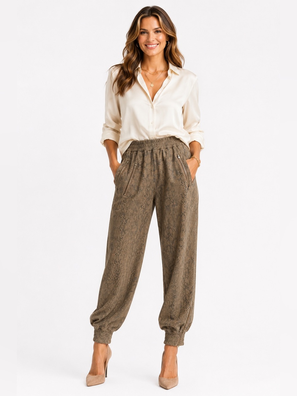 Fate Olive Snake-Print Jogger Pants